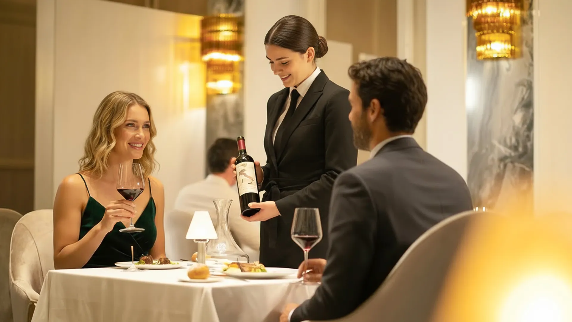 Couple enjoying dinner at Le Blanc Cancun with wine being poured by a waitress in an elegant dining room.