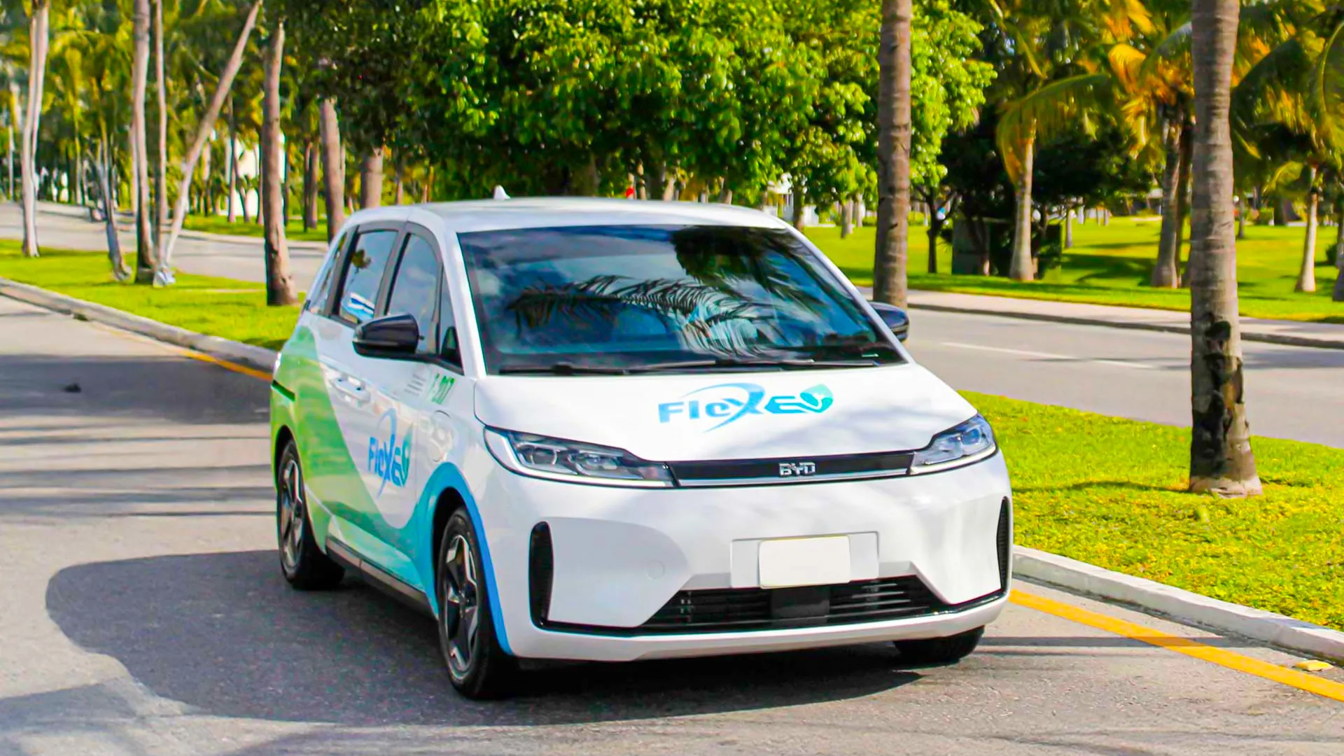 A white and green Flyer electric car parked on a road lined with palm trees and green lawns near a resort area.