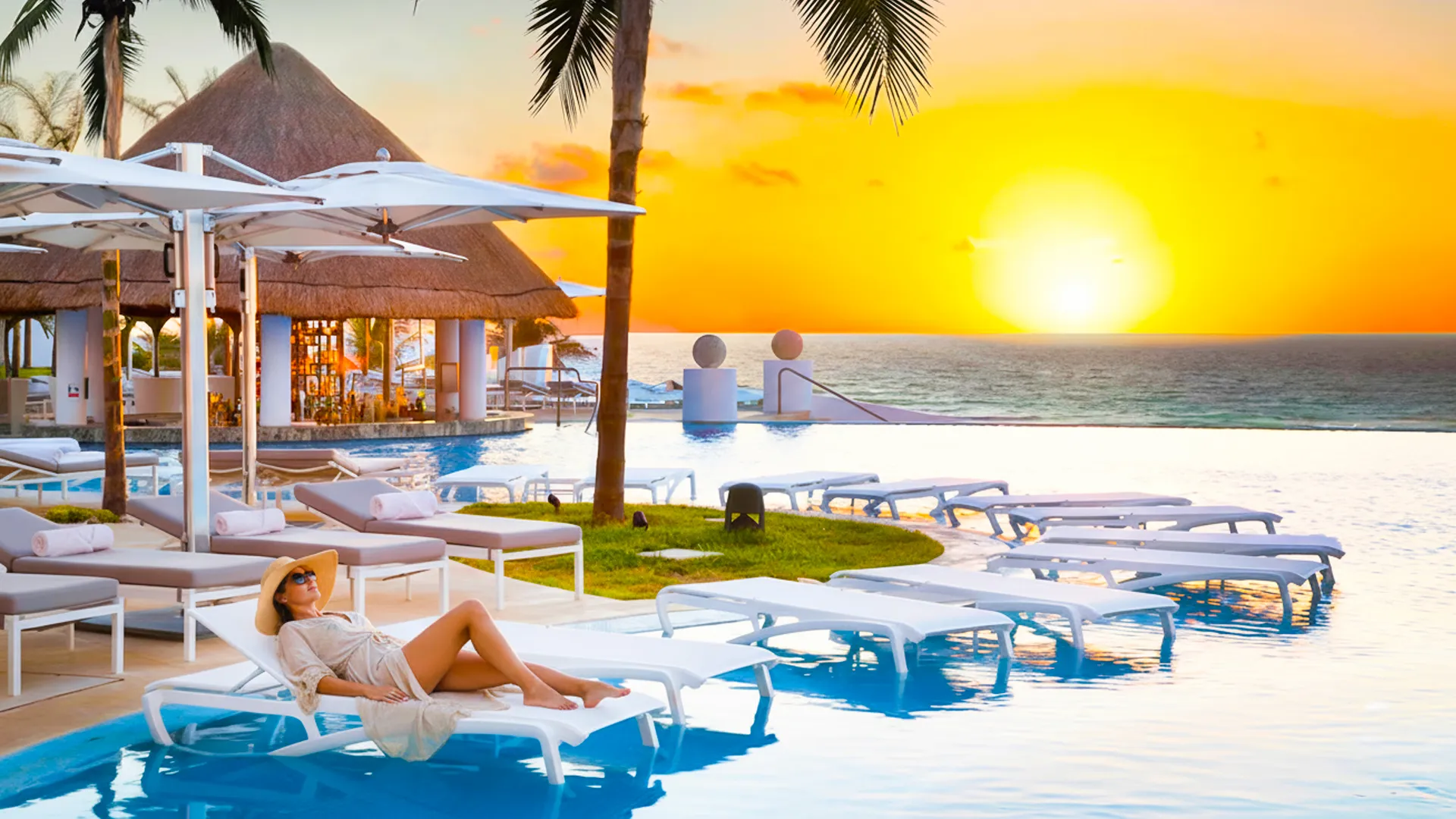 Relaxing by the infinity pool at Le Blanc Cancun with stunning ocean view during sunset.