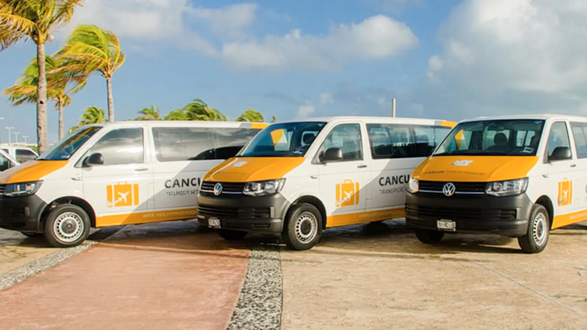 Cancun airport transfer vans parked under palm trees, ready to transport guests to resorts across the city.