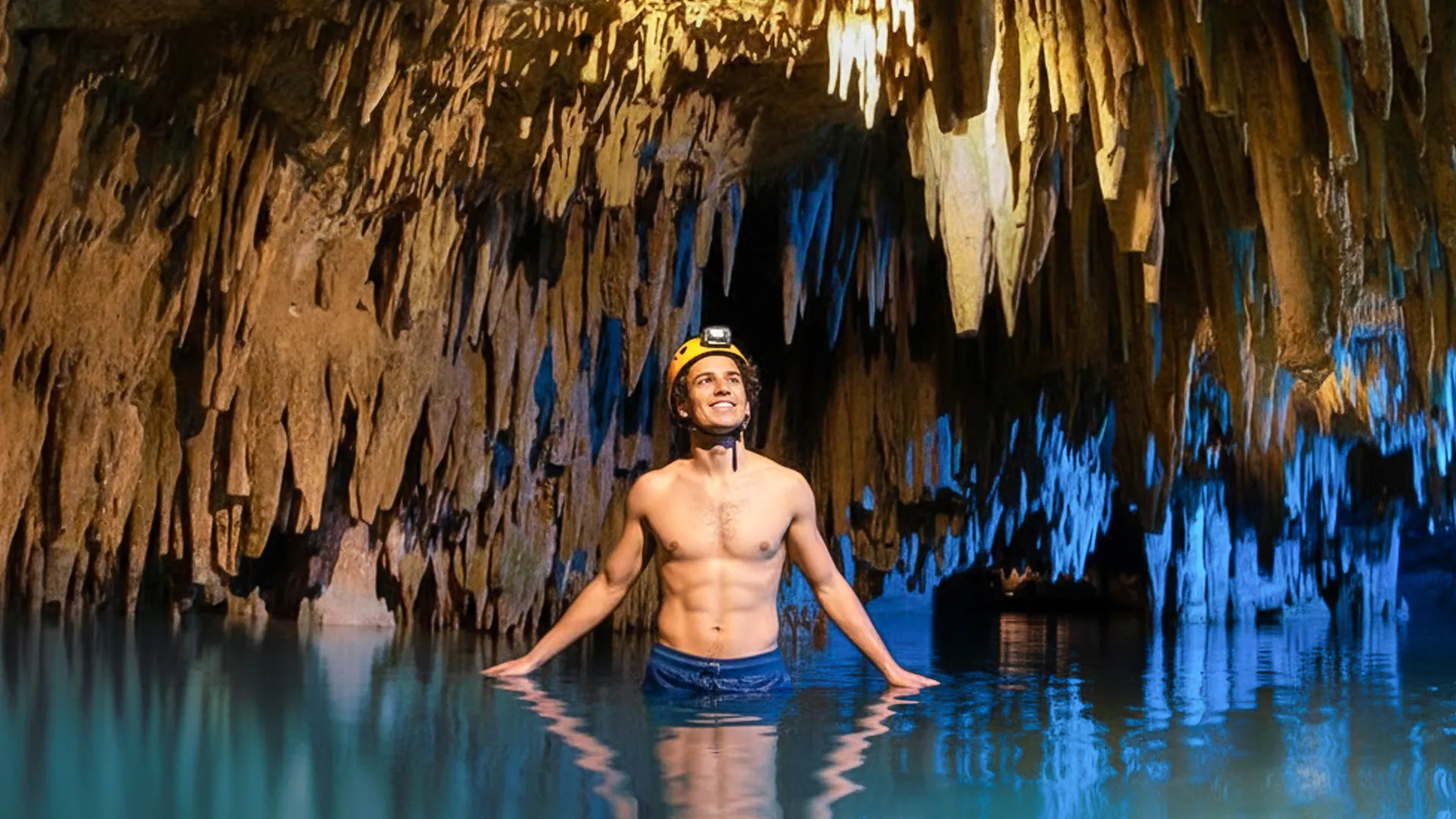 Man standing waist-deep in crystal-clear water inside a cave with dramatic stalactites at Xplor Park.