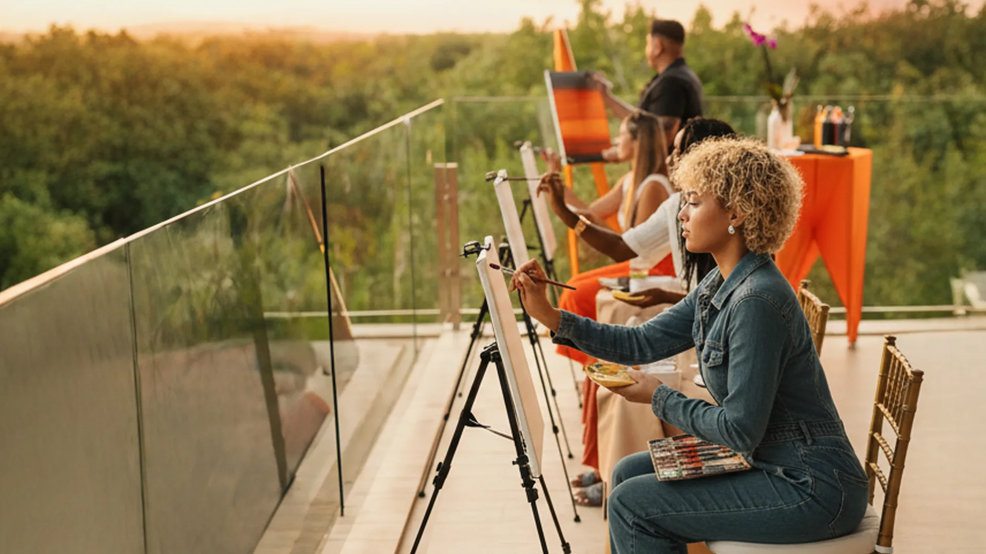 Guests enjoying an outdoor painting session at sunset, overlooking lush greenery at Breathless Resorts.