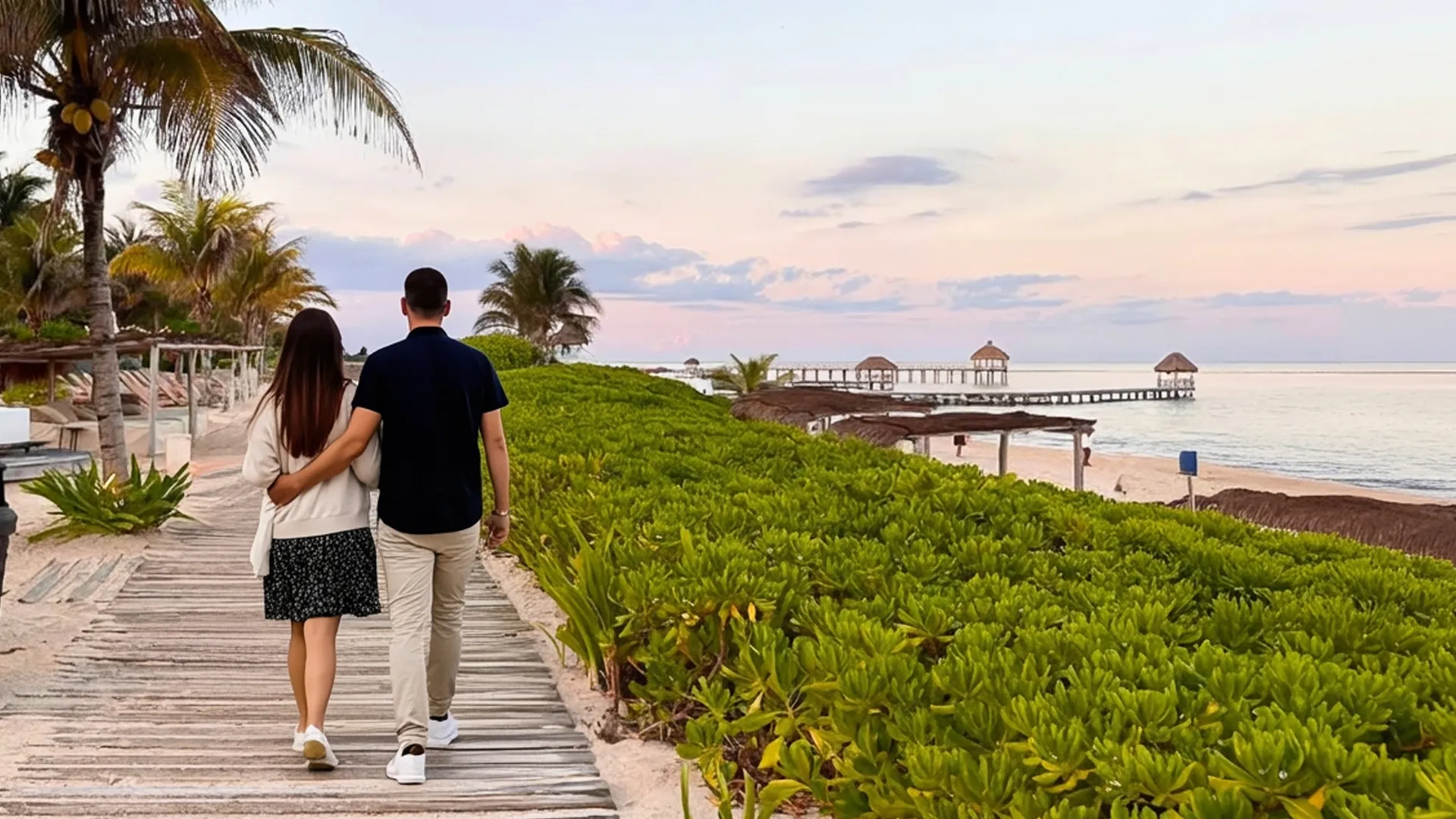 Couple walking through Salum Market at Vidanta Riviera Maya with beach bars, handmade crafts, and tropical decor. 