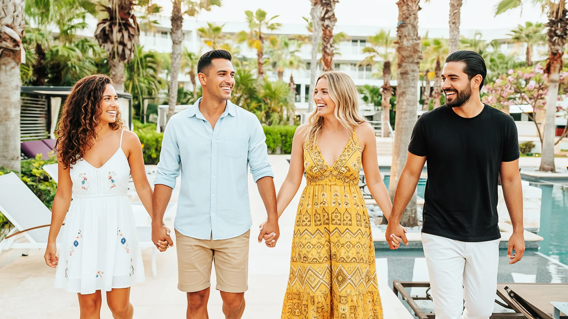 Four friends walking hand in hand through a palm-lined path at Breathless Riviera Cancun, smiling and dressed in summer outfits.