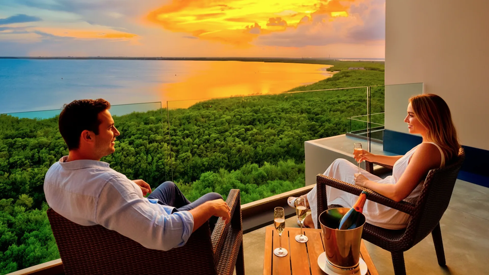 Couple enjoying sunset view from private balcony at Nizuc Resort Cancun overlooking Nichupté Lagoon.