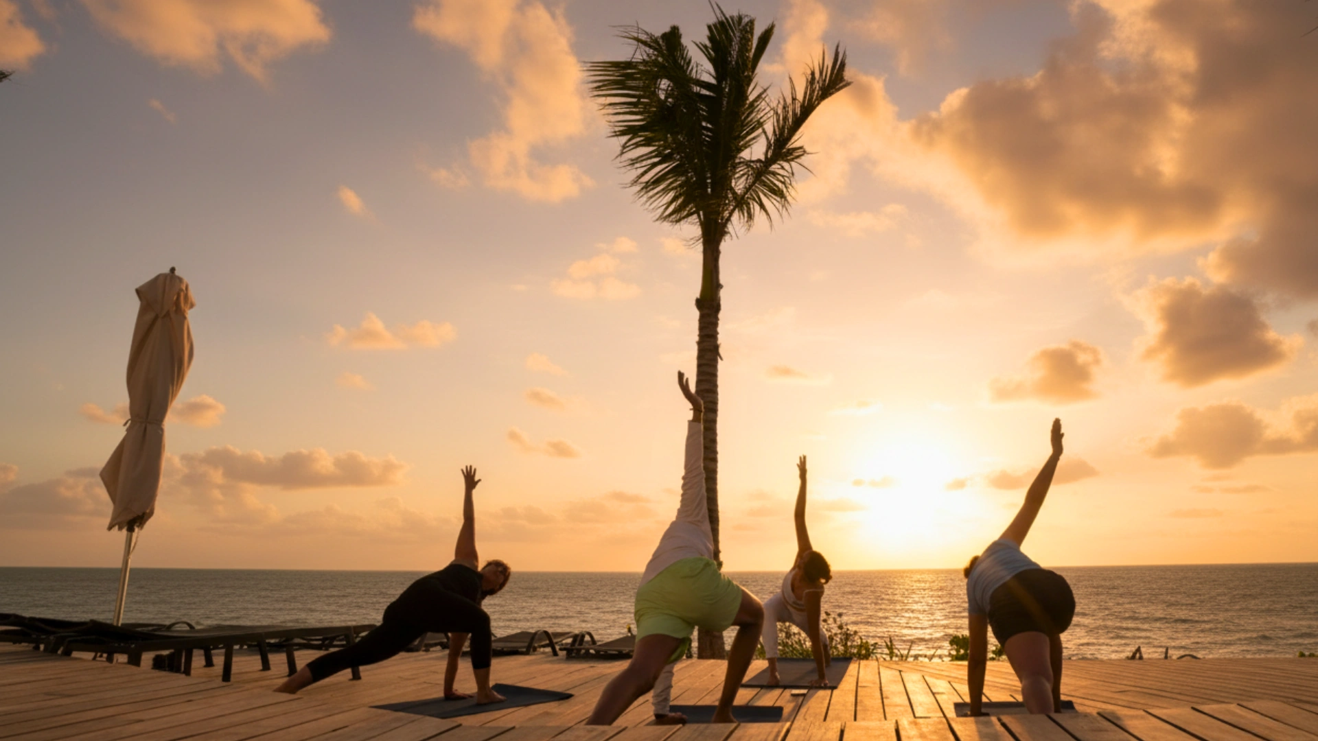Guests practicing morning yoga on a wooden deck facing the ocean at Hilton Cancun All-Inclusive Resort during sunrise.