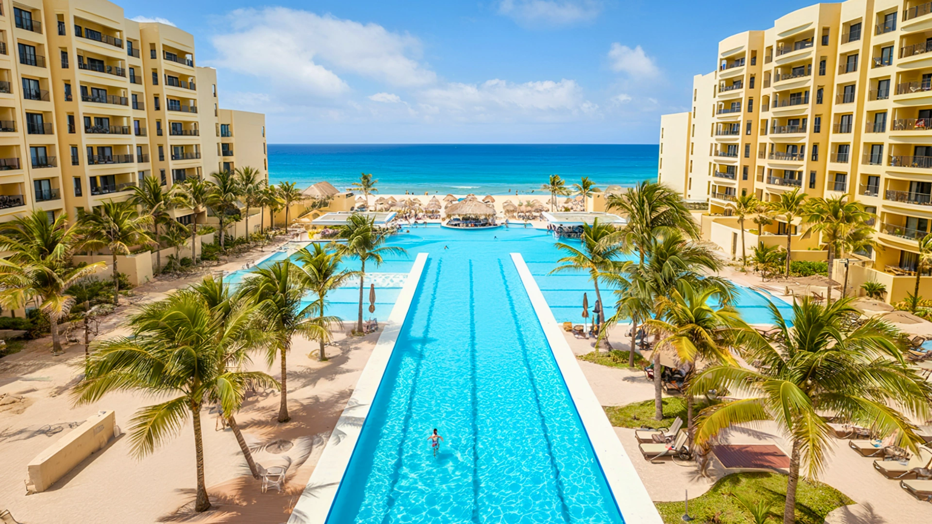 The long infinity pool at Royal Sands Cancun stretching along the beach with the ocean in the background.
