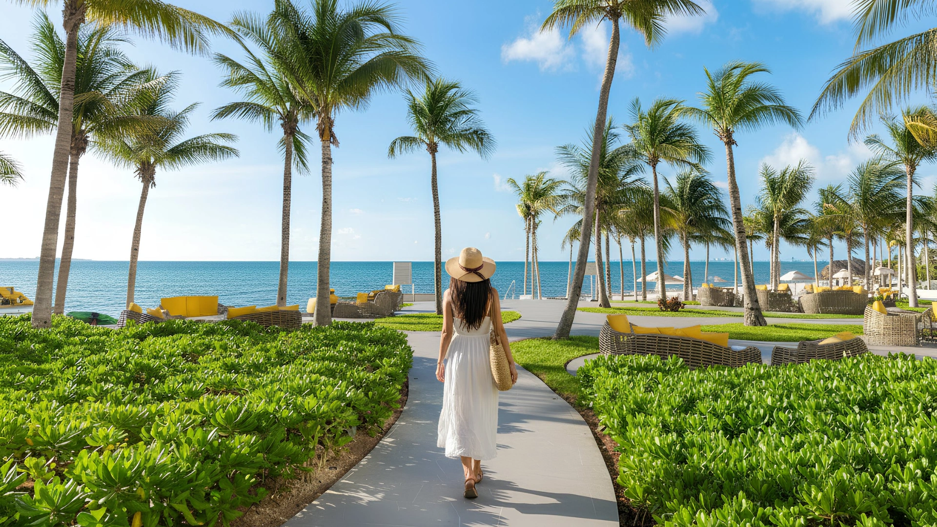 A woman walking along a scenic beach pathway at Garza Blanca Cancun, with lush palm trees lining the route and the ocean in the distance.