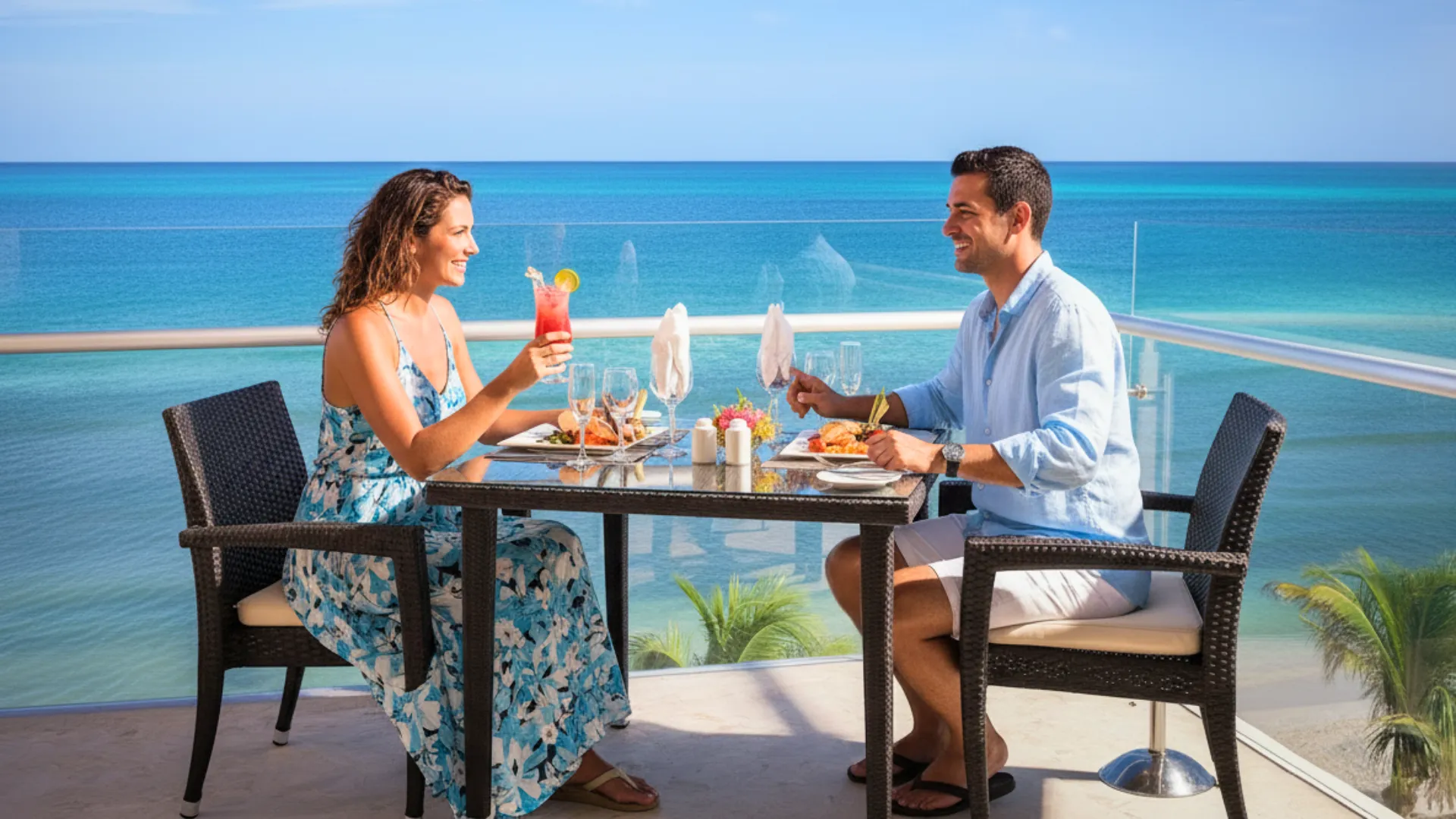 Couple enjoying oceanfront dining with panoramic sea views at Azul Beach Resort Riviera Cancun.