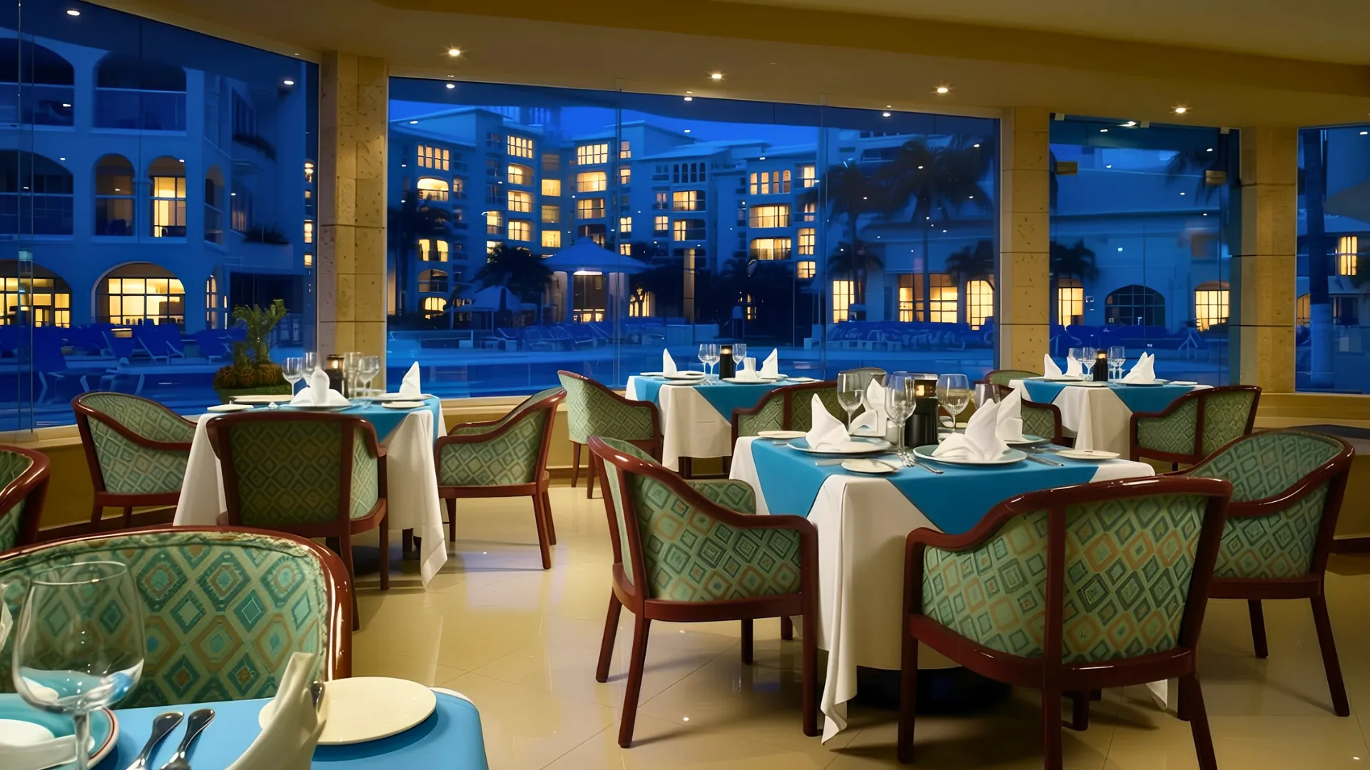 Dining area with tables set for guests, overlooking the pool at Occidental Costa Cancun, evening ambiance.