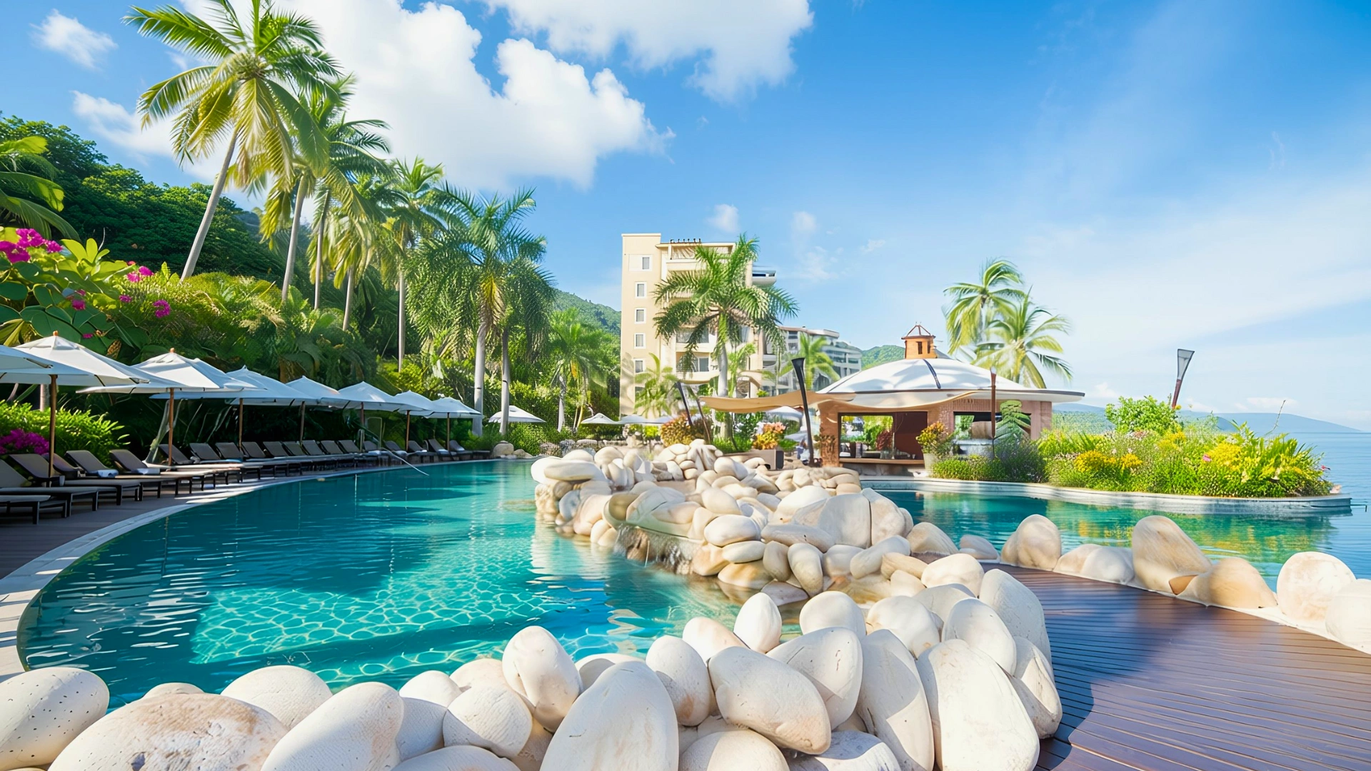 Garza Blanca Cancun's luxurious pool area at sunset, with a beautiful beachside view and tropical landscaping.