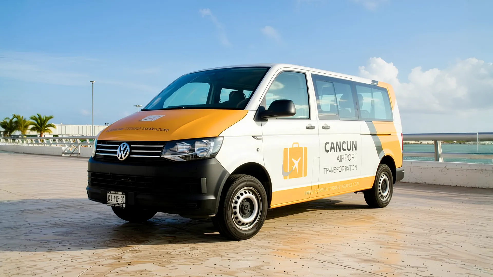 Yellow-and-white Cancun Airport Transportation van parked near the waterfront under a clear blue sky.