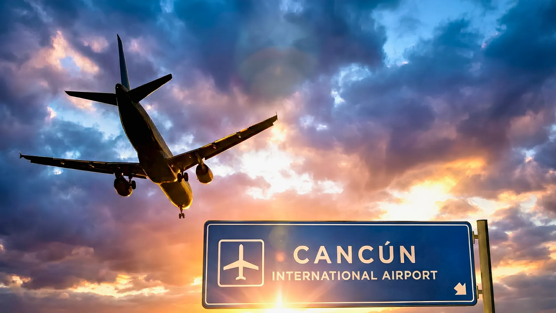 Commercial airplane landing over a Cancun International Airport sign at sunset with dramatic clouds.