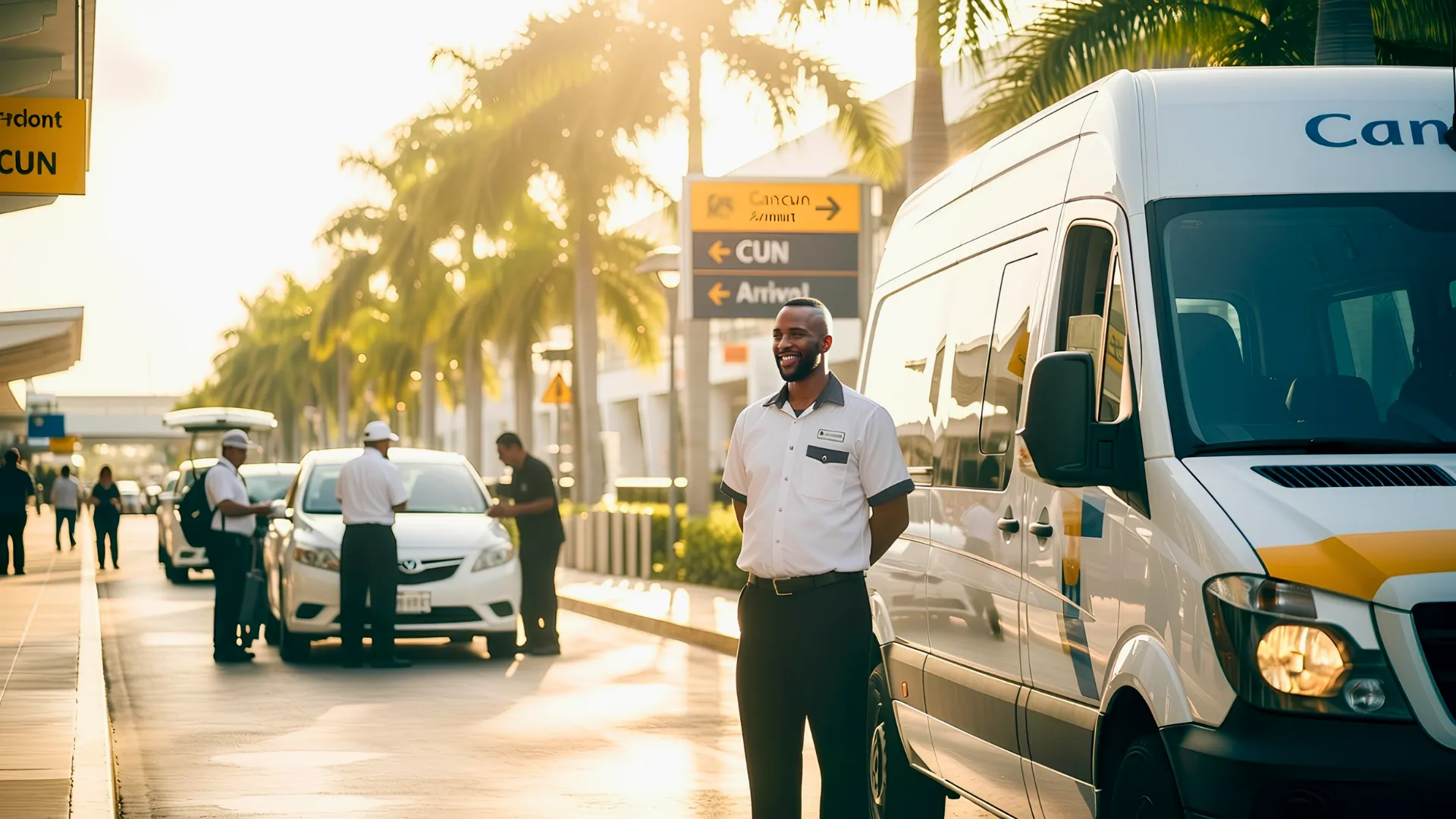 Official Cancun shuttle driver standing next to a branded white van outside the airport terminal at sunset.