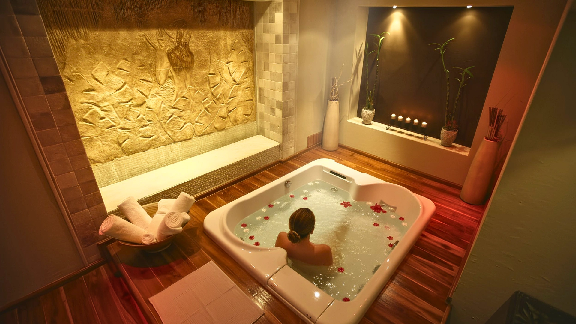 A person relaxing in a luxurious hot tub with rose petals, illuminated by soft lighting in a serene spa room.
