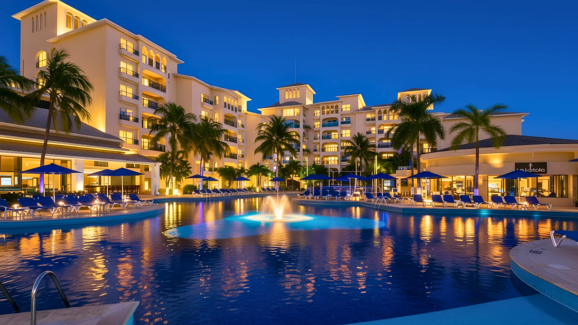 A view of Occidental Costa Cancún at night, lit up with vibrant colors and a calming pool.