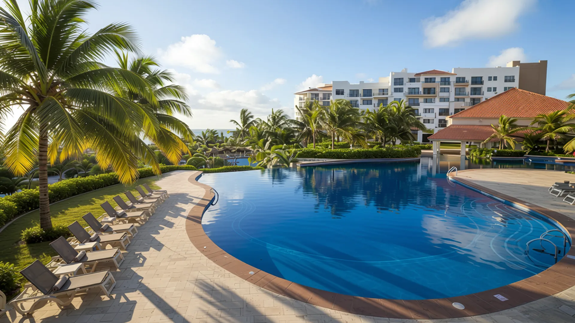  Outdoor pool area at Fiesta Americana Cancun surrounded by palm trees, sun loungers, and tropical gardens.