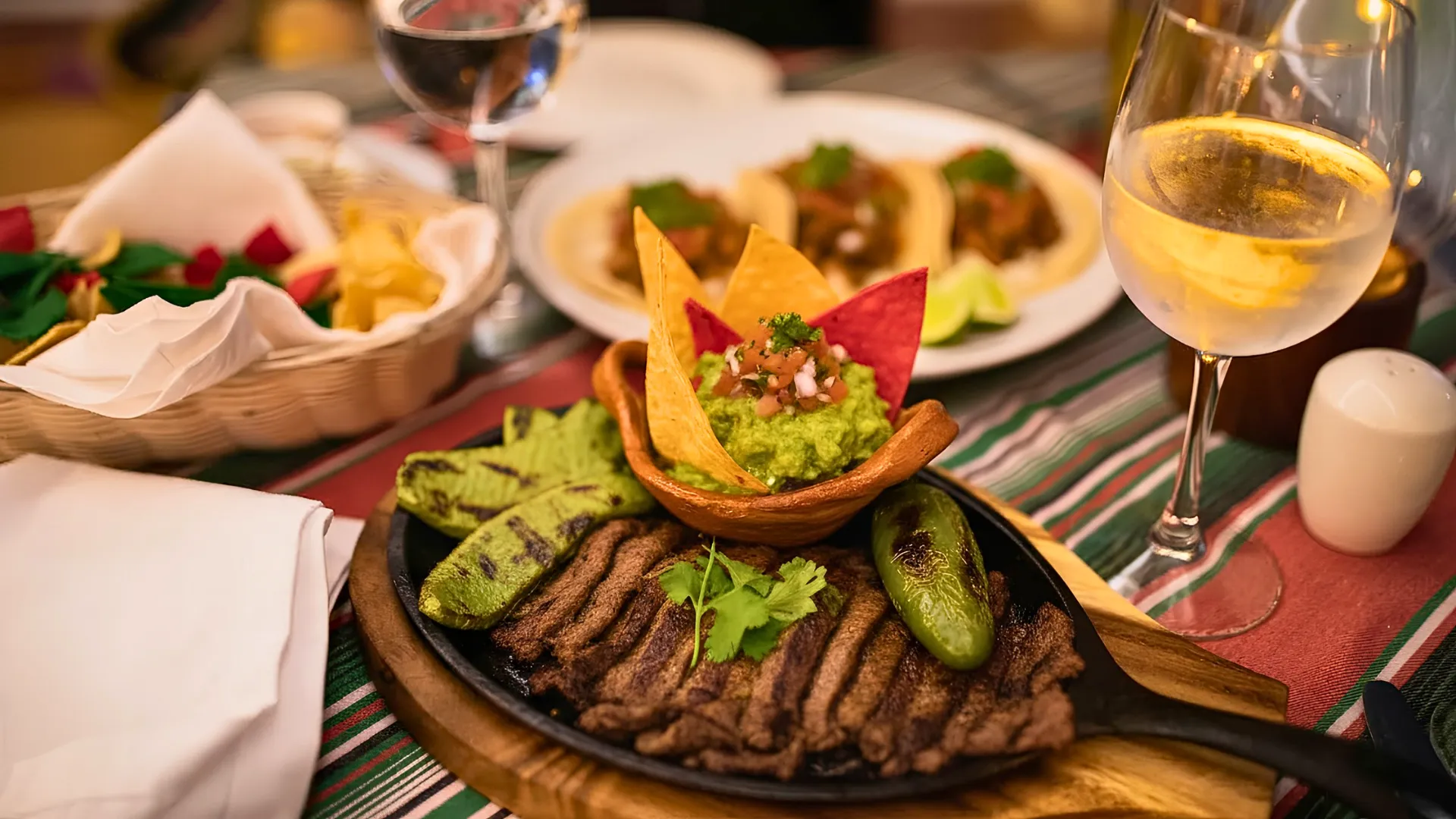 A plated dish with grilled steak, guacamole, and tortillas, accompanied by a glass of wine.