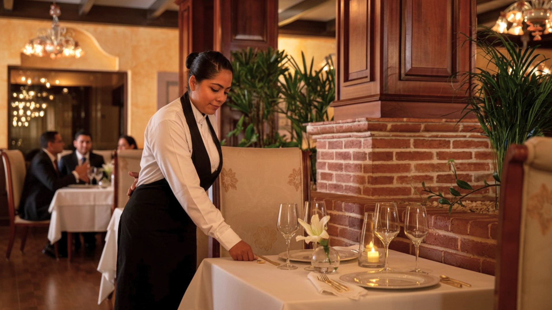 A waiter setting a table at a fine-dining restaurant in Excellence Riviera Cancun, with guests in the background enjoying their meal. 