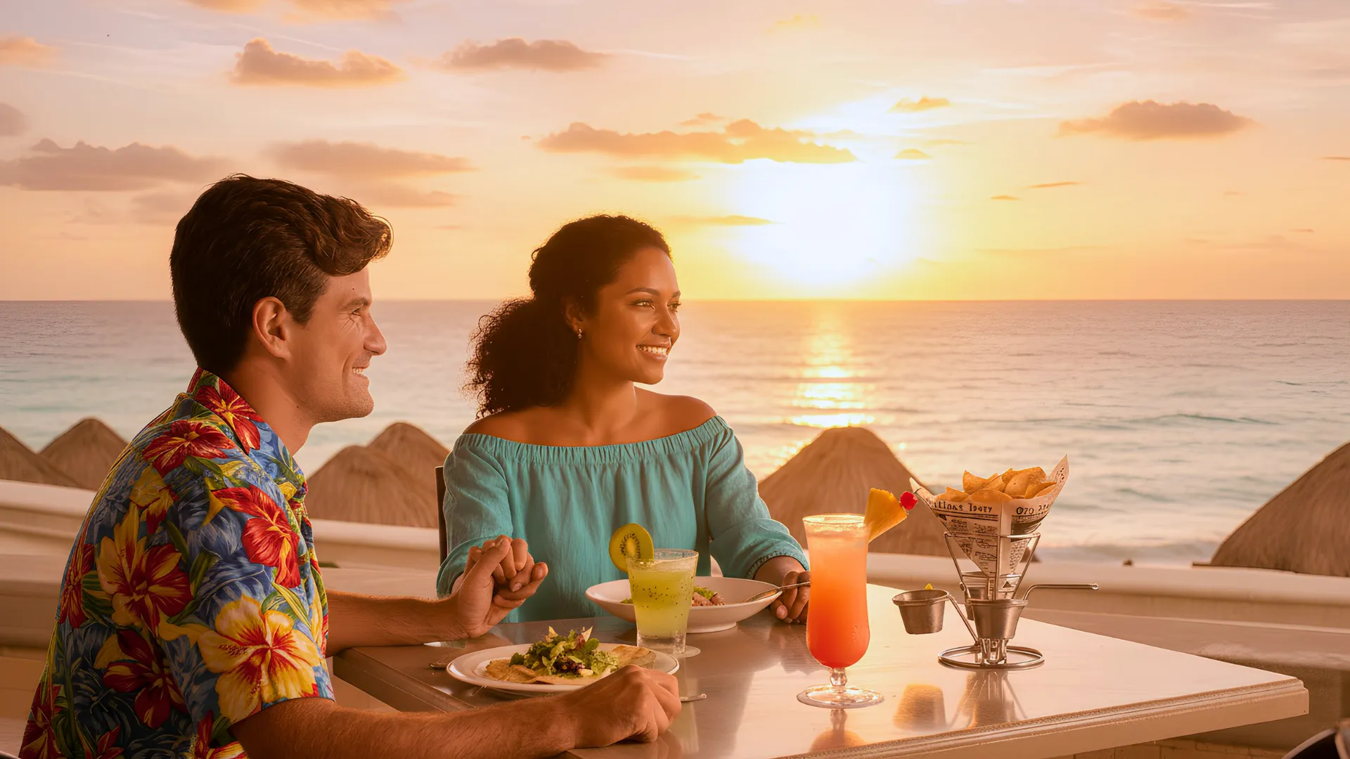 A couple enjoying a romantic dinner at one of the beachside restaurants at JW Marriott Cancun, with the sunset and the ocean in the background. 