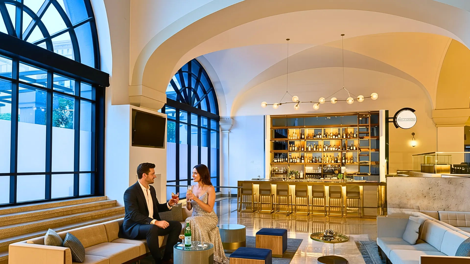 Couple enjoying drinks at the stylish bar inside Marriott Cancun, featuring modern decor, arched ceilings, and golden lighting.