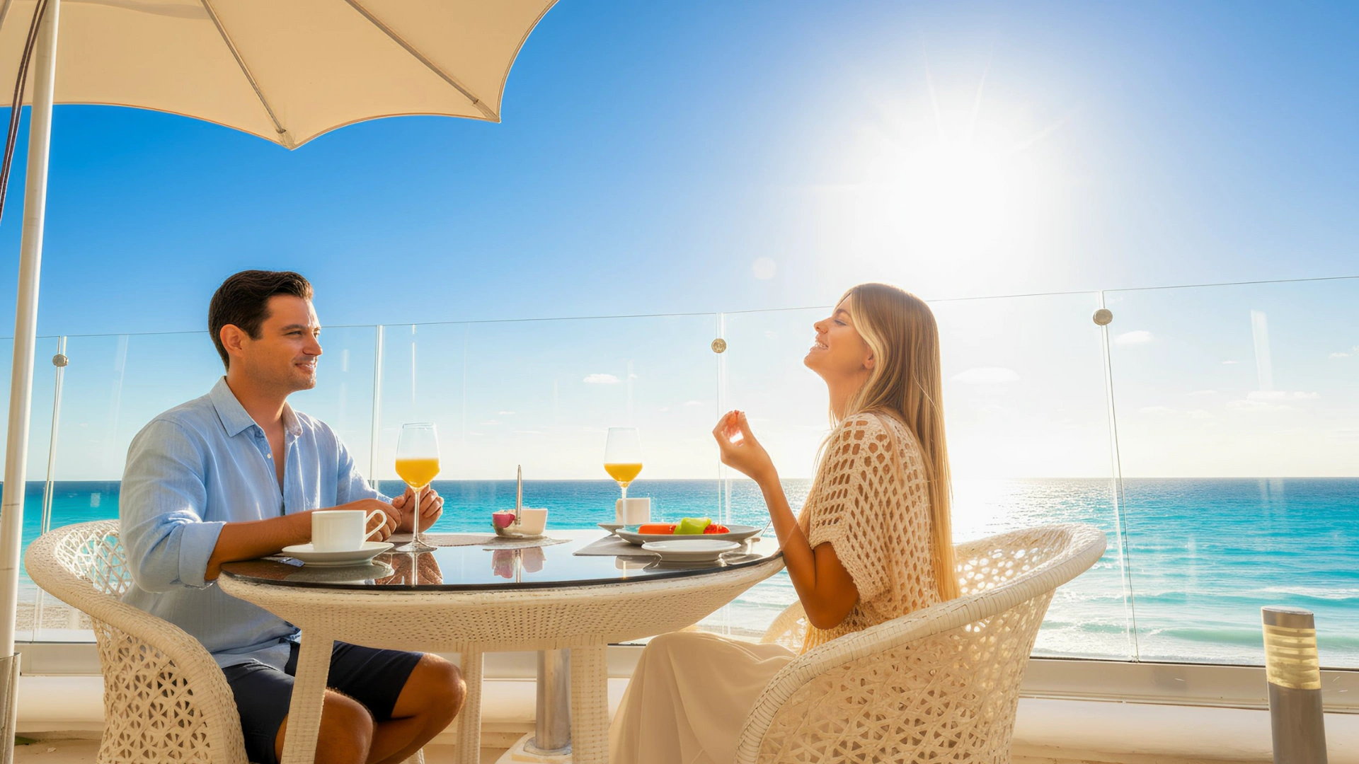  Couple enjoying drinks on beachfront terrace with ocean view.