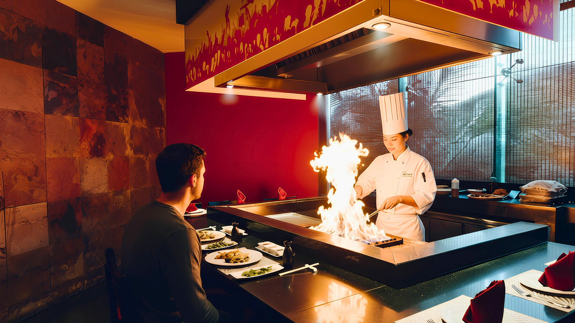 The chef prepares the food right in front of the customer.