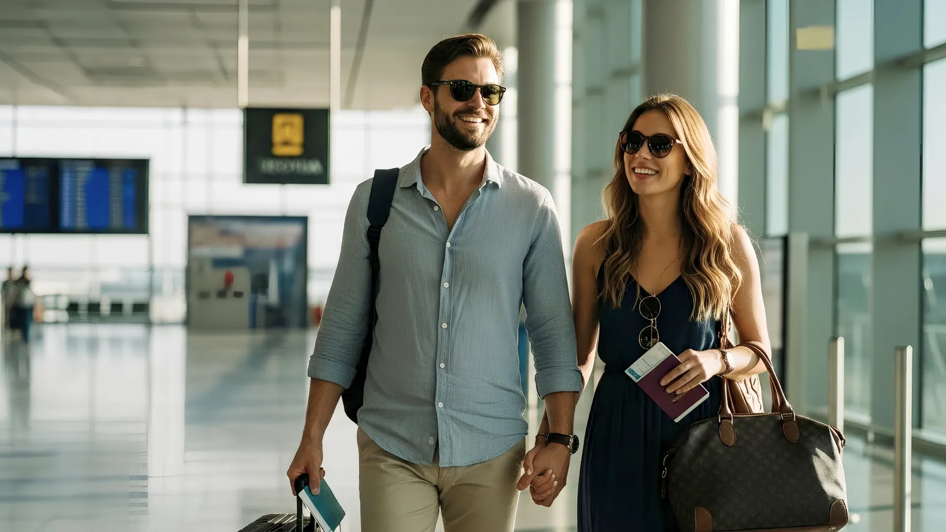 Couple walking through an airport terminal holding hands, smiling, and carrying luggage and passports.