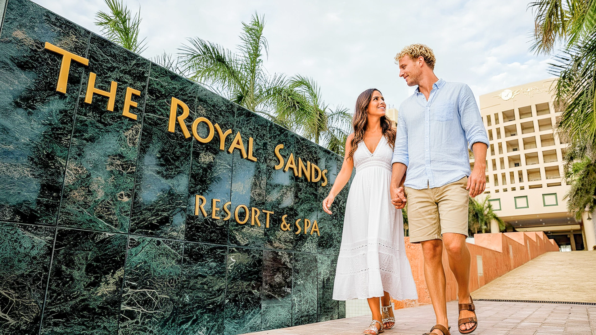 A couple walking hand-in-hand in front of the Royal Sands Cancun entrance.
