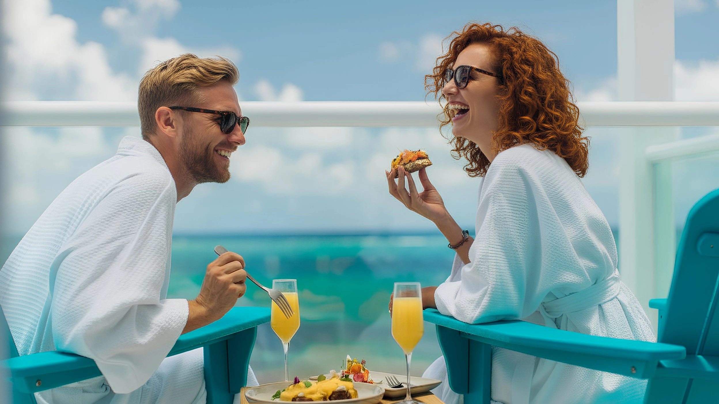 A couple enjoying a meal and drinks in a sunny outdoor setting, sitting on lounge chairs with a beautiful ocean view.