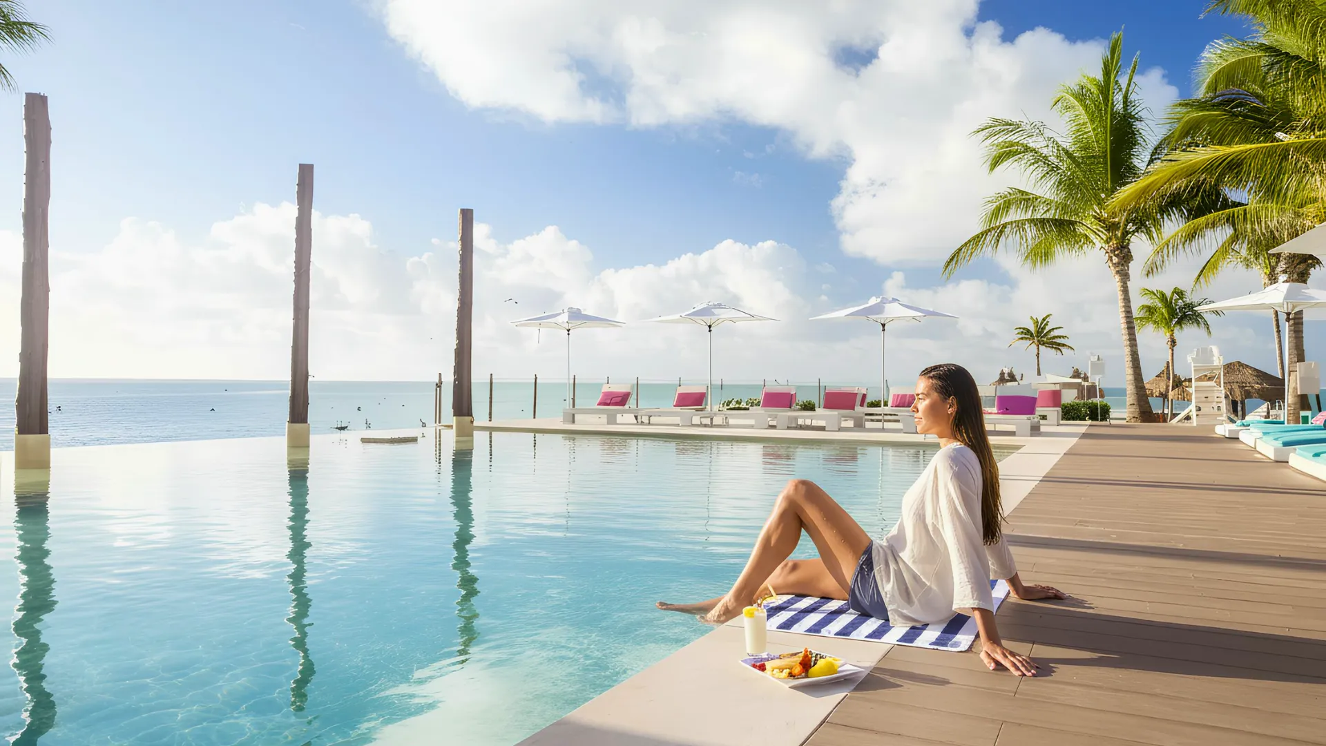 A woman relaxing by the pool at Club Med Cancun, enjoying the serene view of the ocean, with tropical palm trees surrounding the area and colorful lounge chairs.