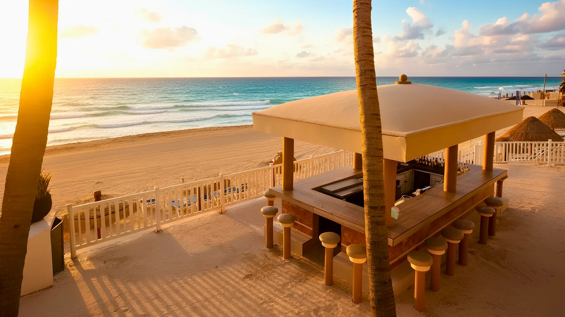  Beachside bar with palm trees and ocean view at Golden Parnassus Cancun during sunrise.