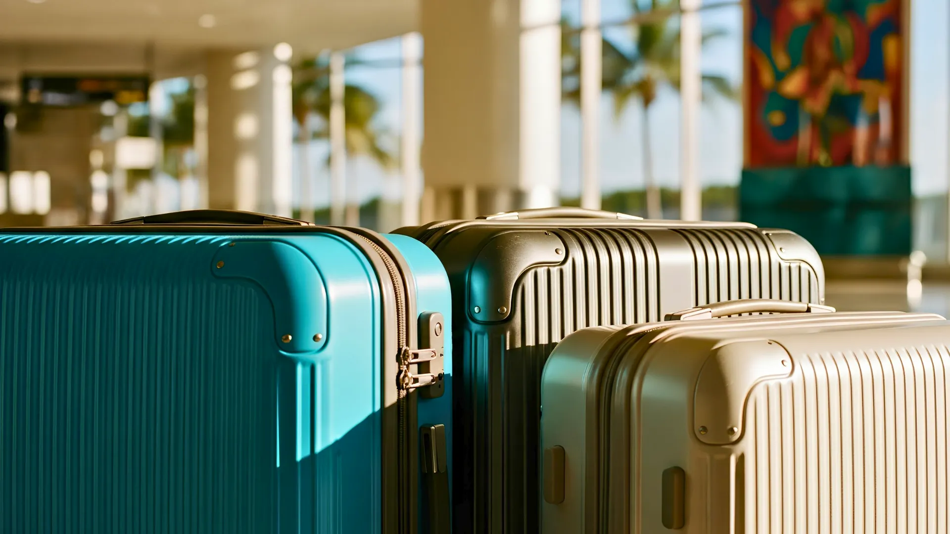 Set of colorful hard-shell suitcases standing in a bright airport terminal with palm trees outside.