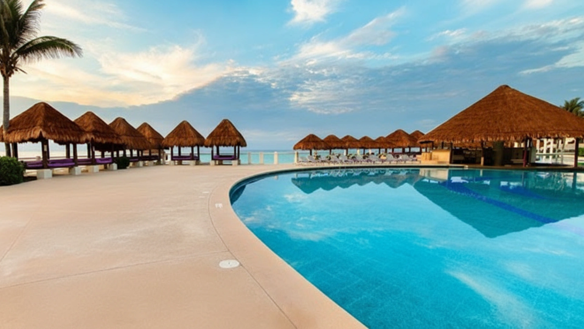 A luxurious pool area with thatched-roof cabanas and a clear sky, reflecting a serene tropical setting.