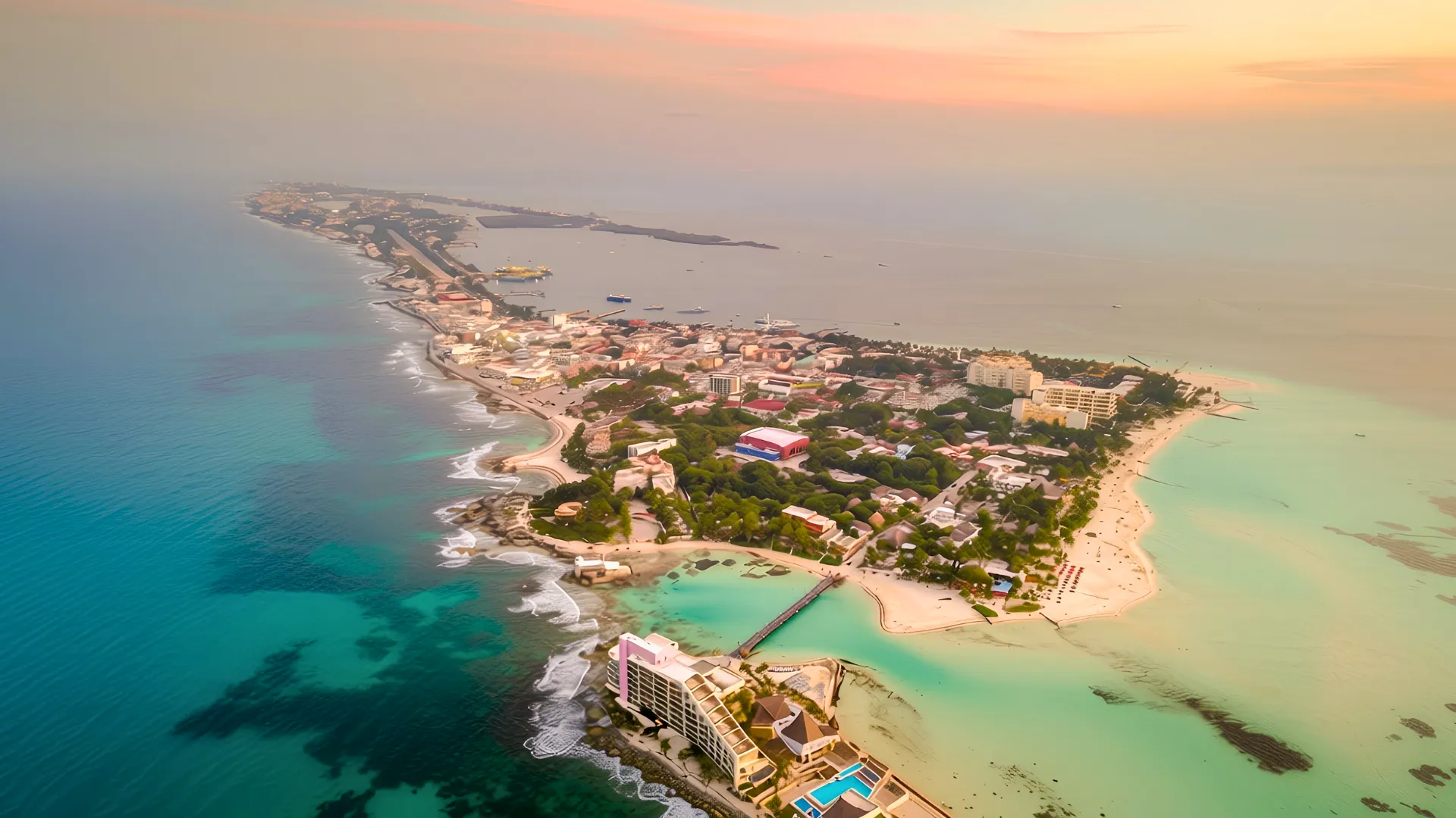Aerial view of Cancun’s coastline with turquoise water and beachfront hotels during a colorful sunset.