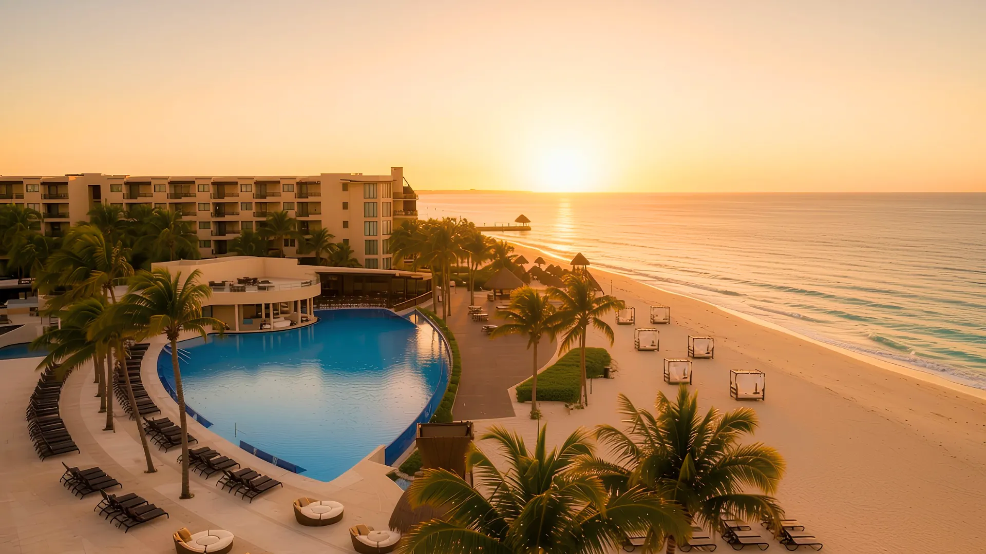 Aerial sunrise view of the beachfront infinity pool and palm-lined shore at Dreams Riviera Cancun Resort.