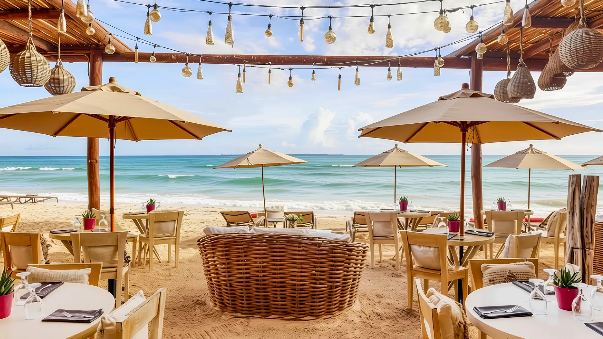 Beachfront dining area with umbrellas and ocean views at Grand Fiesta Americana Coral Beach Cancun.