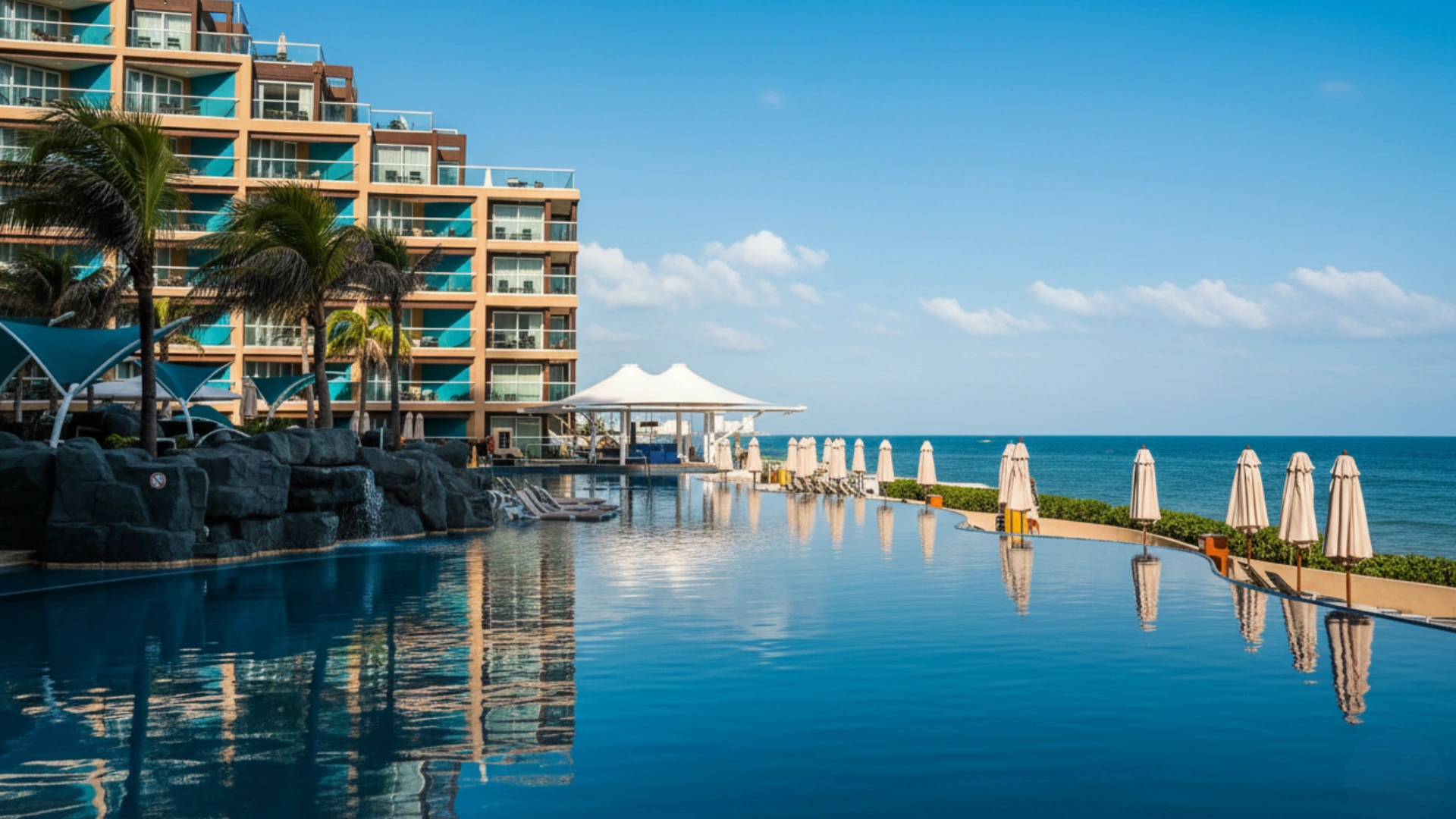  A luxurious beachfront resort with a pool, palm trees, and umbrellas, showcasing the exterior of Hard Rock Cancun with the ocean in the background.