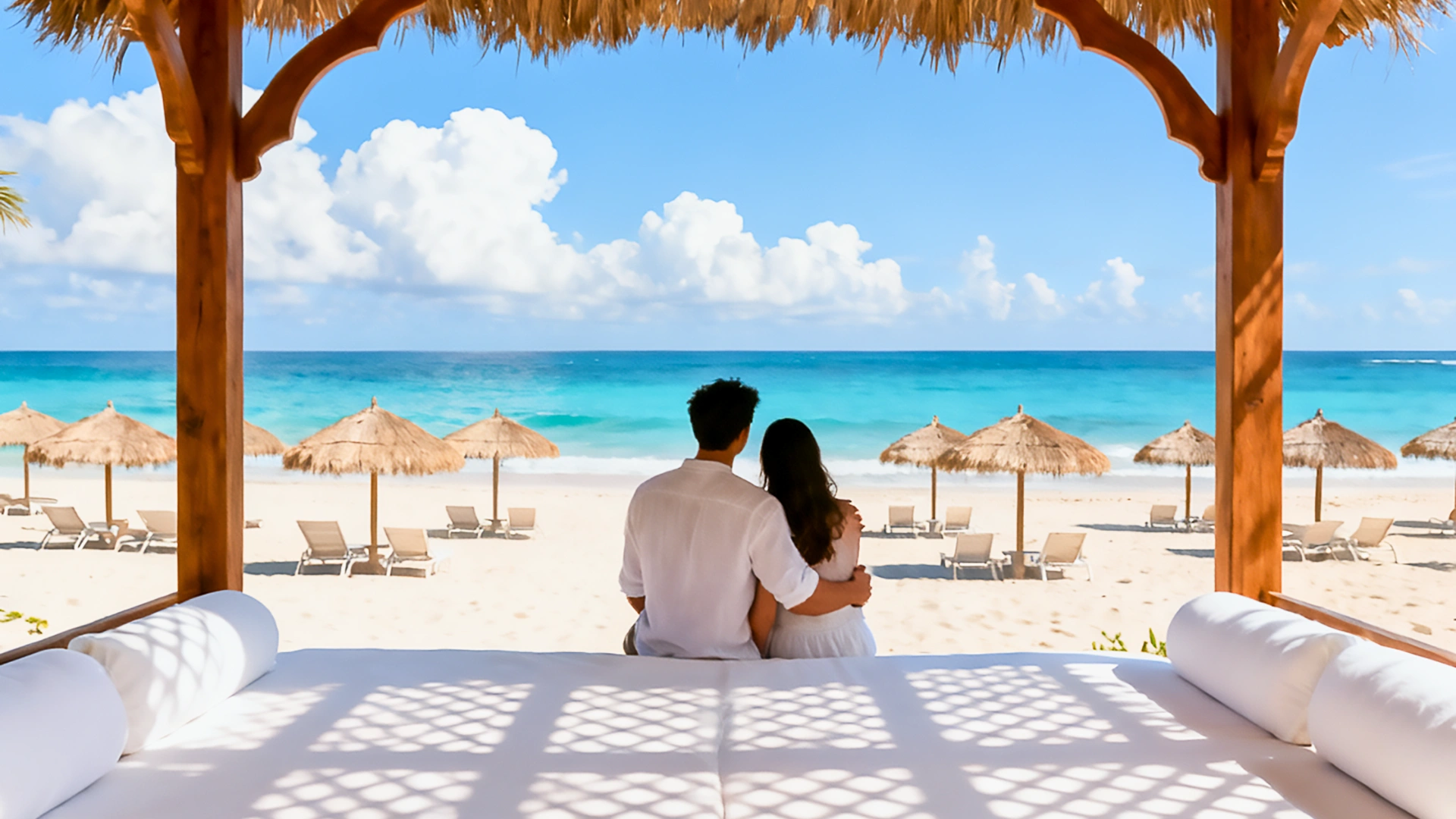  A couple sitting together on a comfortable lounge at JW Marriott Cancun, enjoying the breathtaking beachfront view under a thatched umbrella.
