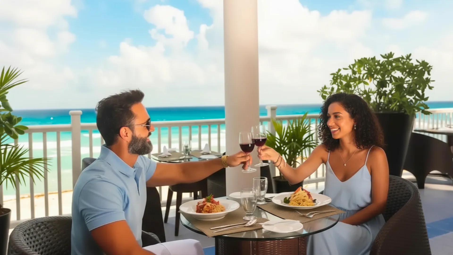 Couple dining outdoors with sea view, palm trees, and food.