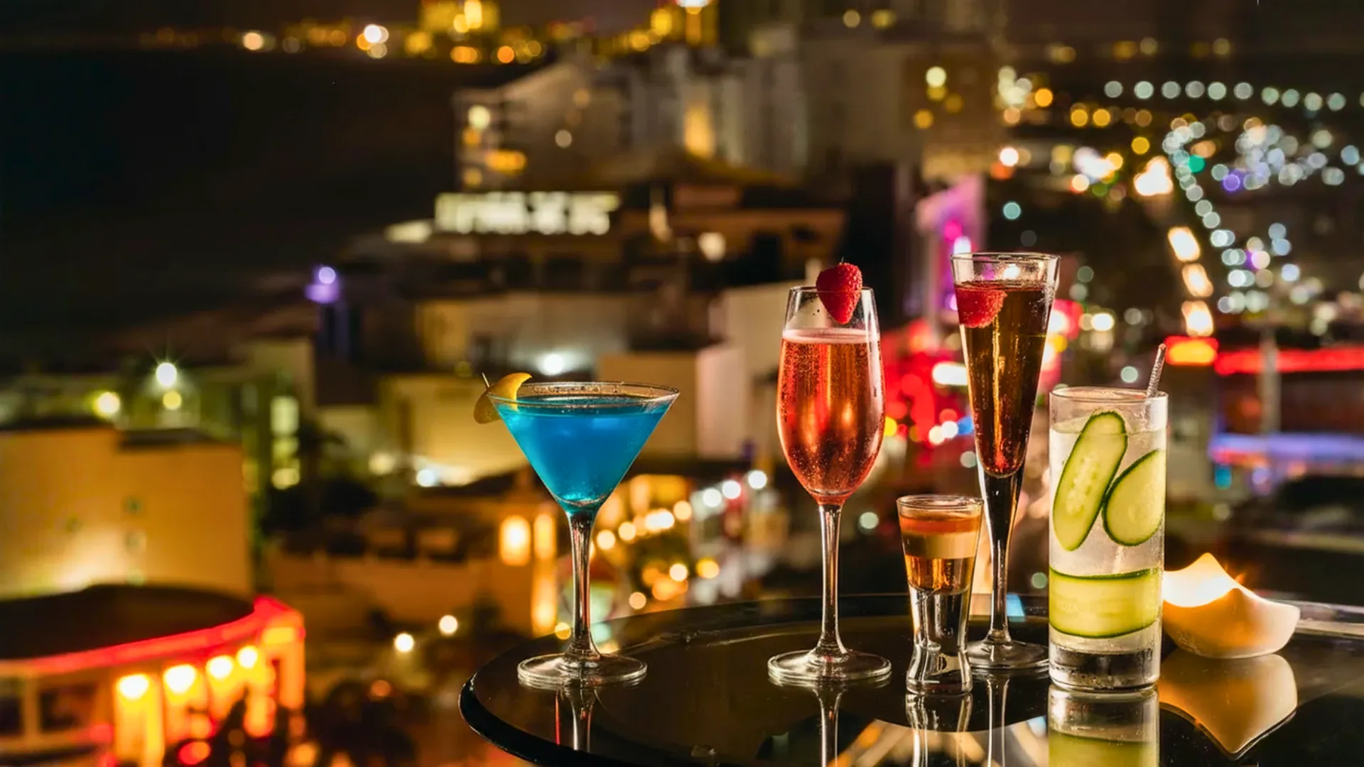 Craft cocktails served at the rooftop bar of Grand Fiesta Americana Coral Beach Cancun overlooking Cancun’s nightlife.