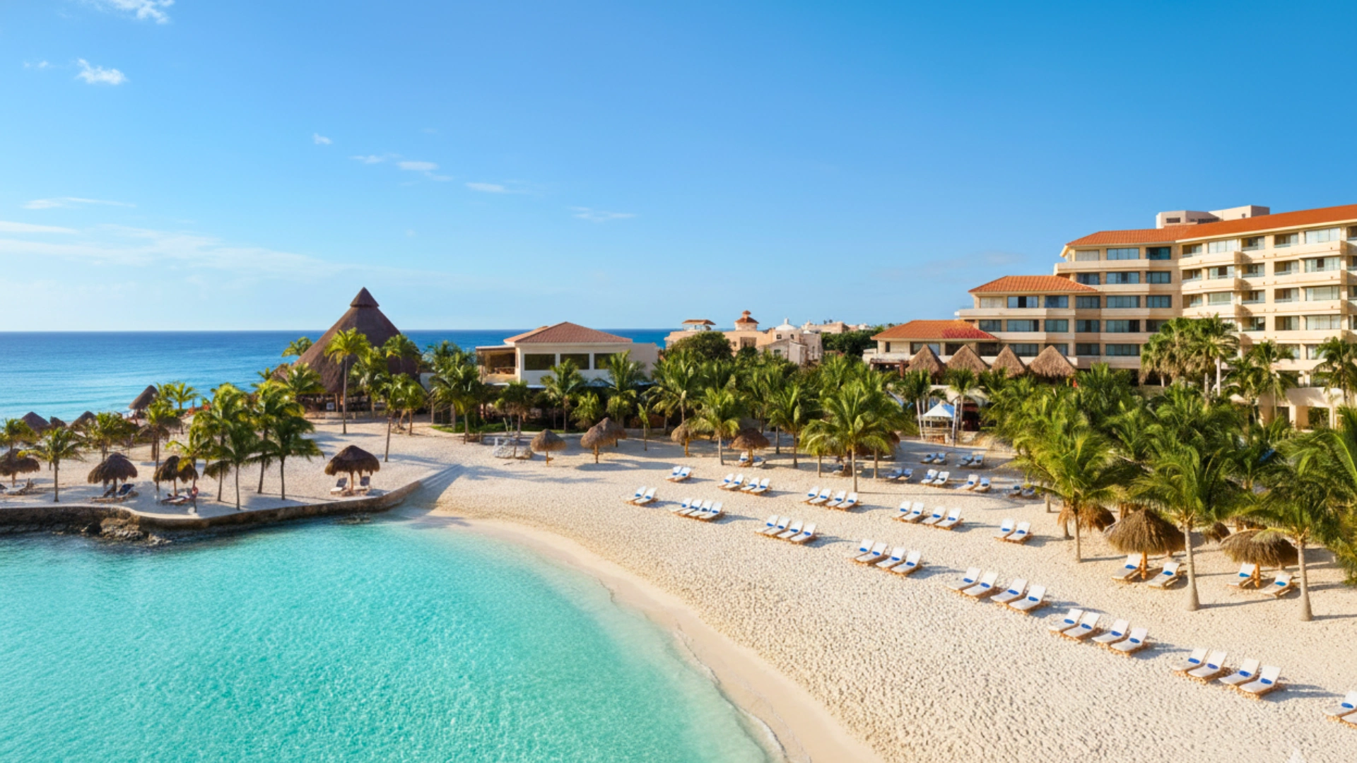 “Aerial view of Dreams Riviera Cancun beach with turquoise water, palm trees, and sun loungers under palapas.