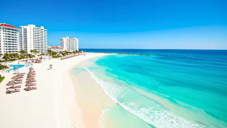 Panoramic view of Krystal Cancun resort, featuring pristine beach and crystal-clear blue waters.