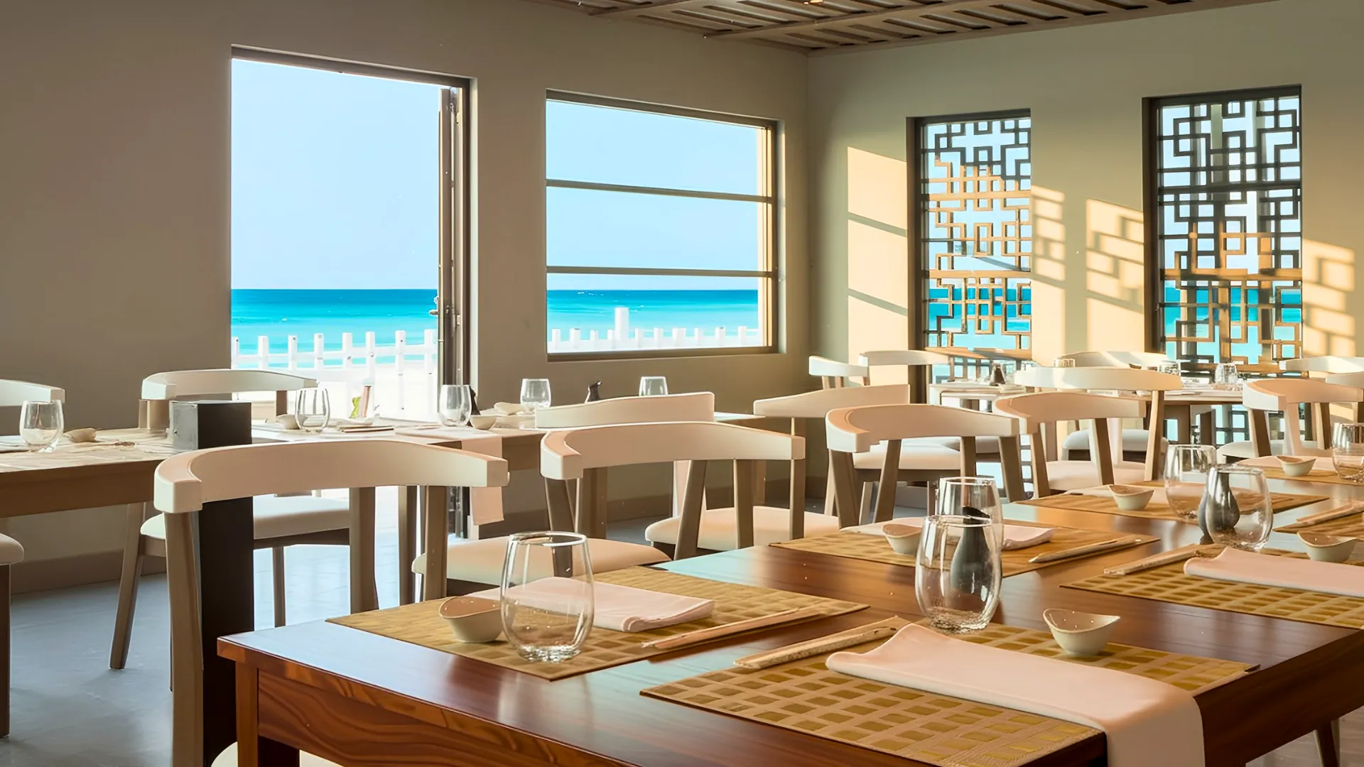 A dining area overlooking the beach at Óleo Cancun, offering beautiful views and an elegant atmosphere.