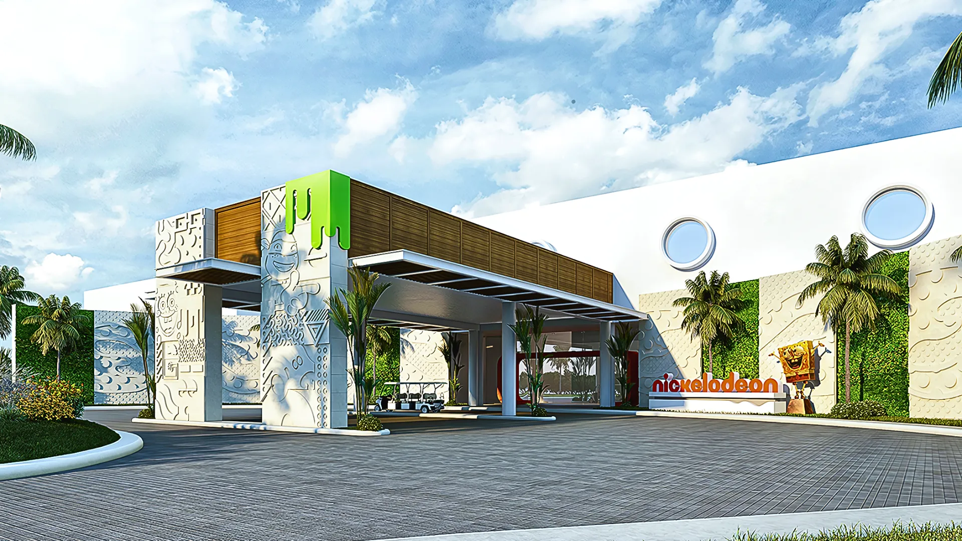 Modern entrance of Nickelodeon Hotels & Resorts Riviera Maya with palm trees and themed architecture.