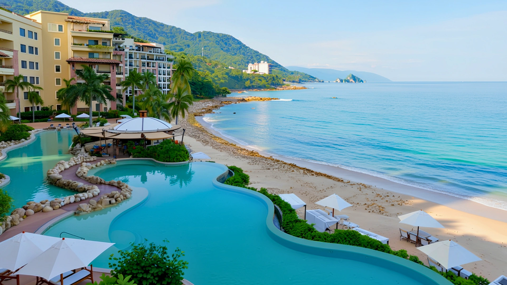 The infinity pool at Garza Blanca Cancun overlooking the beach and ocean, with luxurious loungers and umbrellas by the poolside.