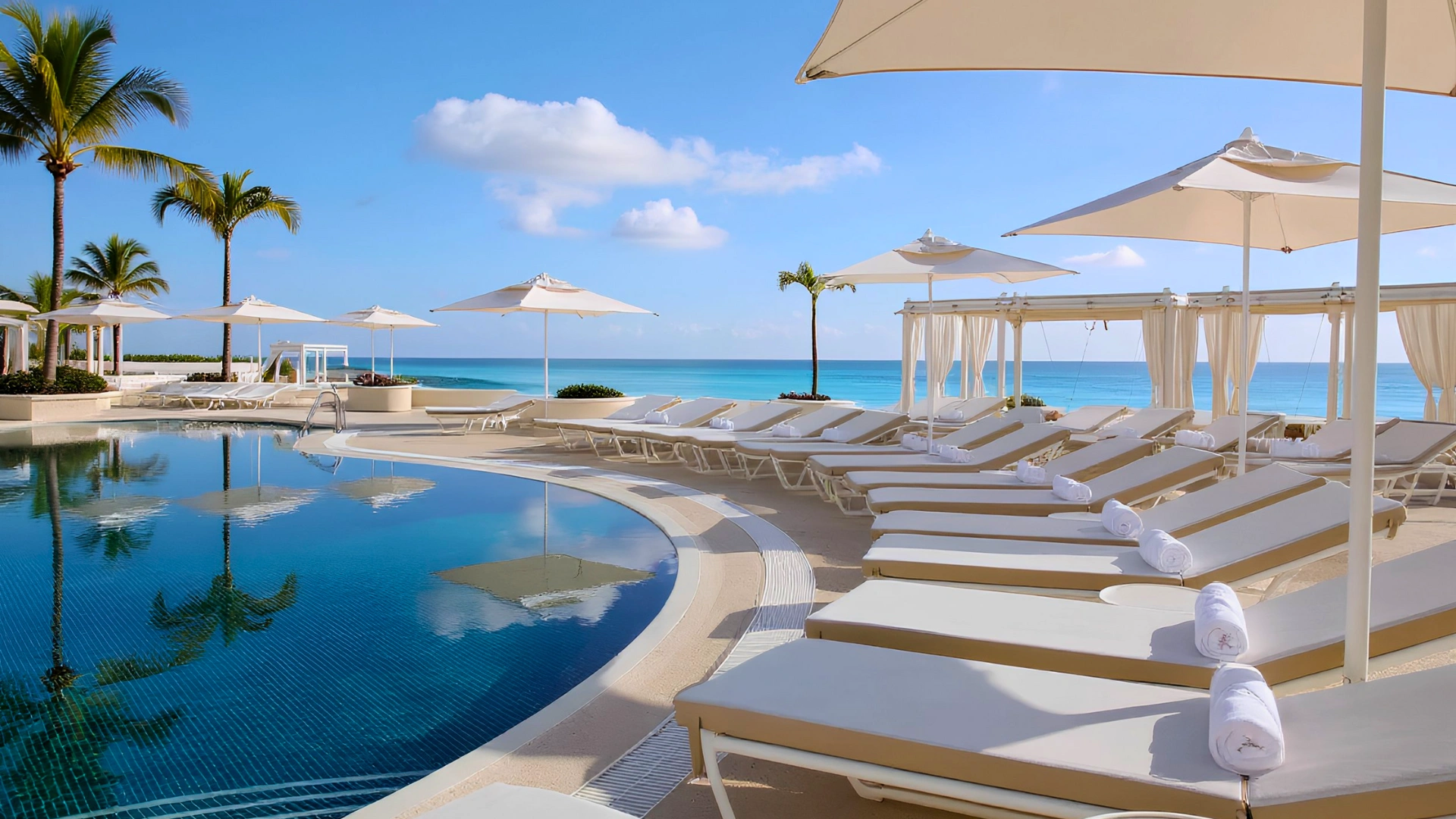  Infinity pool with white lounge chairs, umbrellas, palm trees, and turquoise ocean.