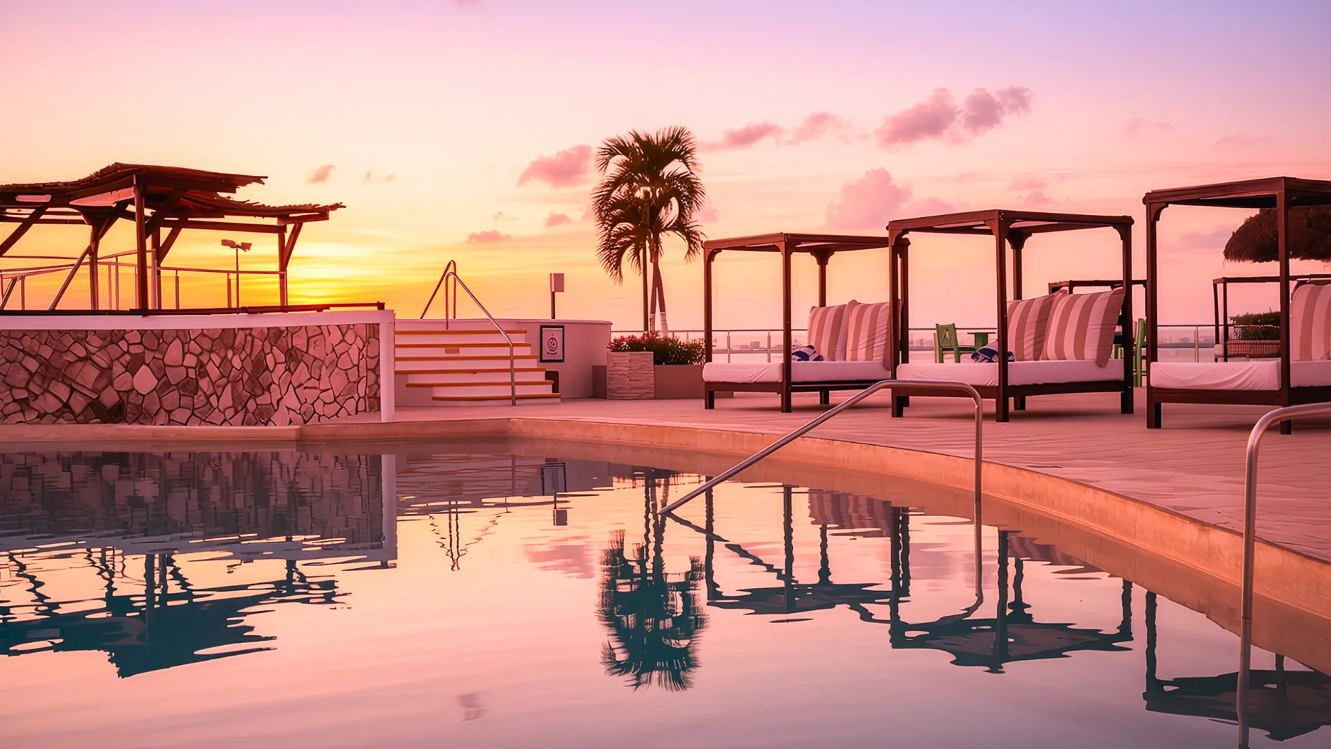 Rooftop-style pool area at Seadust Cancun during a pink sunset, with cabana beds, palm trees, and ocean views.