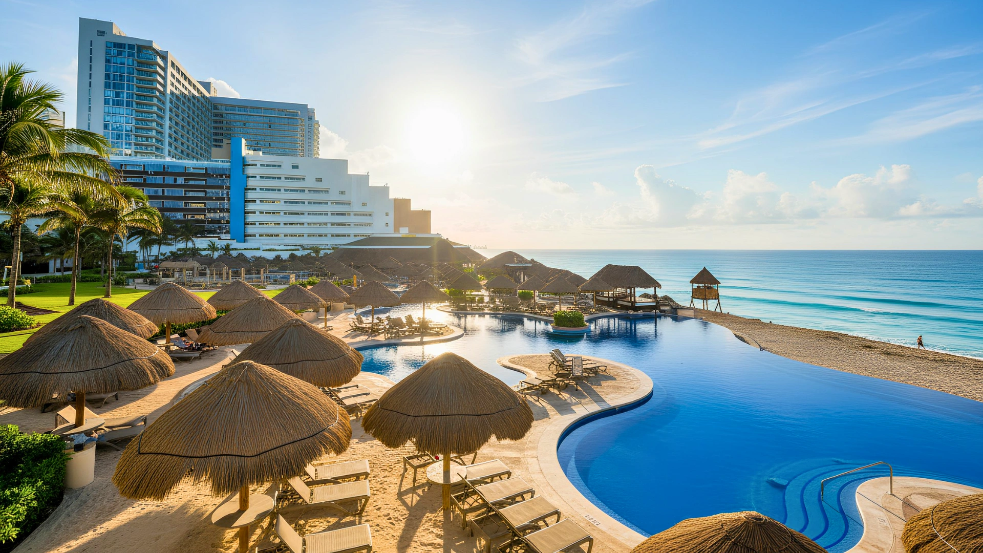 A breathtaking view of the JW Marriott Cancun Resort & Spa, with beachside pools and lush tropical surroundings. 