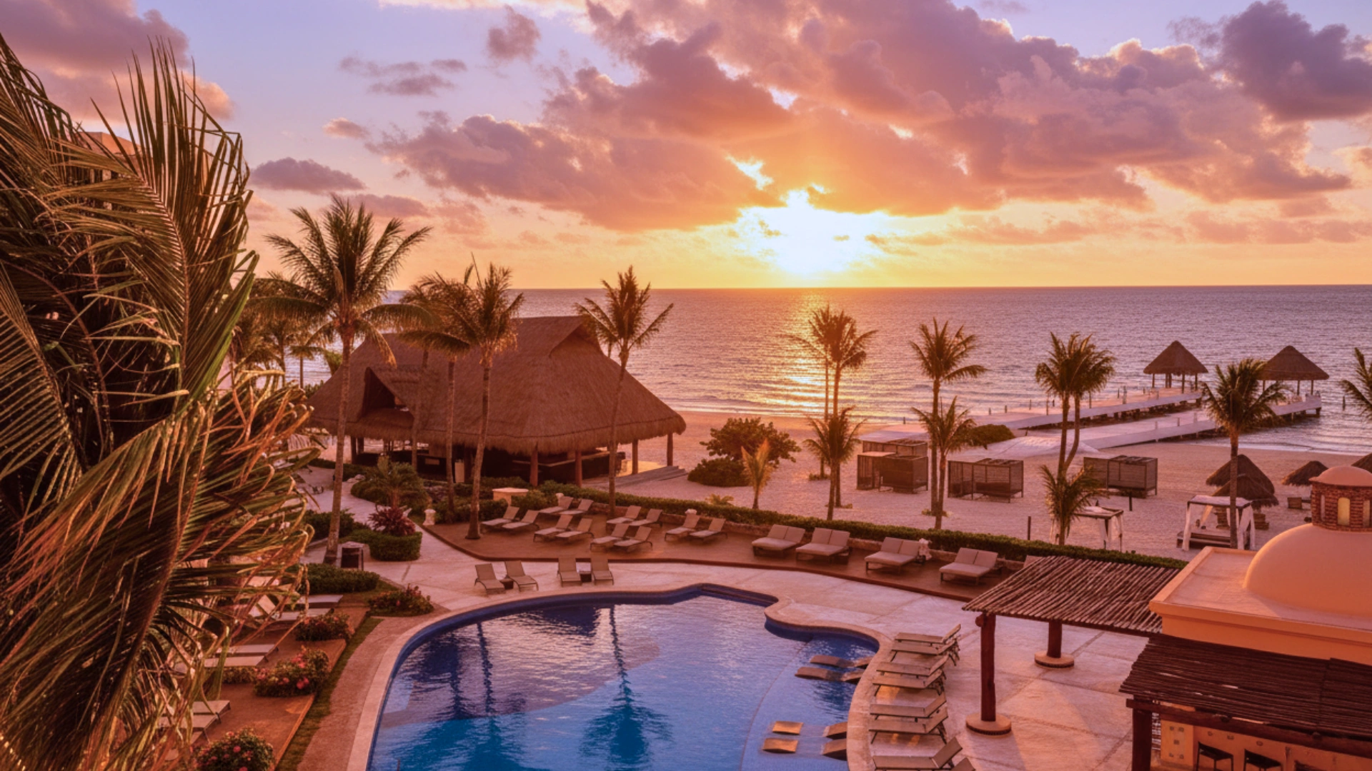 A tropical beach sunset view from a poolside at Excellence Riviera Cancun.